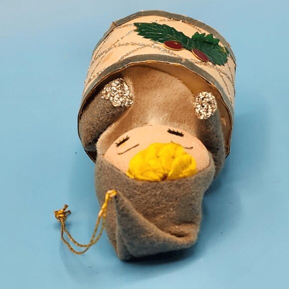 1950s Pixie Elf in Drum Oament Spun Pixie Cotton Foil Holly Felt Hat Putz Style - Picture 7 of 10